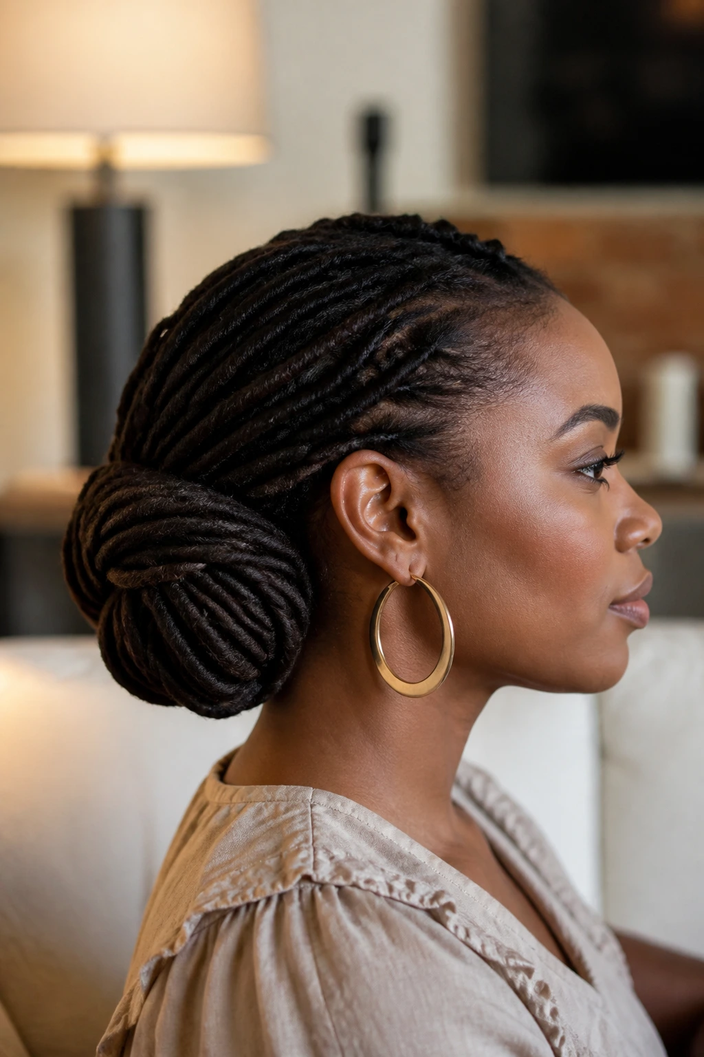 Profile shot of folded chignon low on the nape with tucked ends.