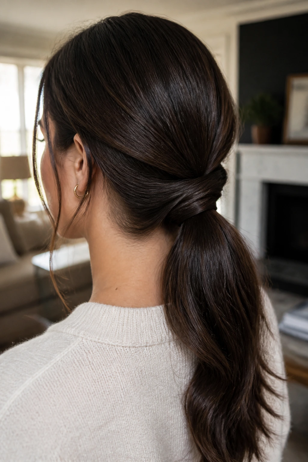 Close-up portrait of a woman with a folded-in low ponytail loop at the nape