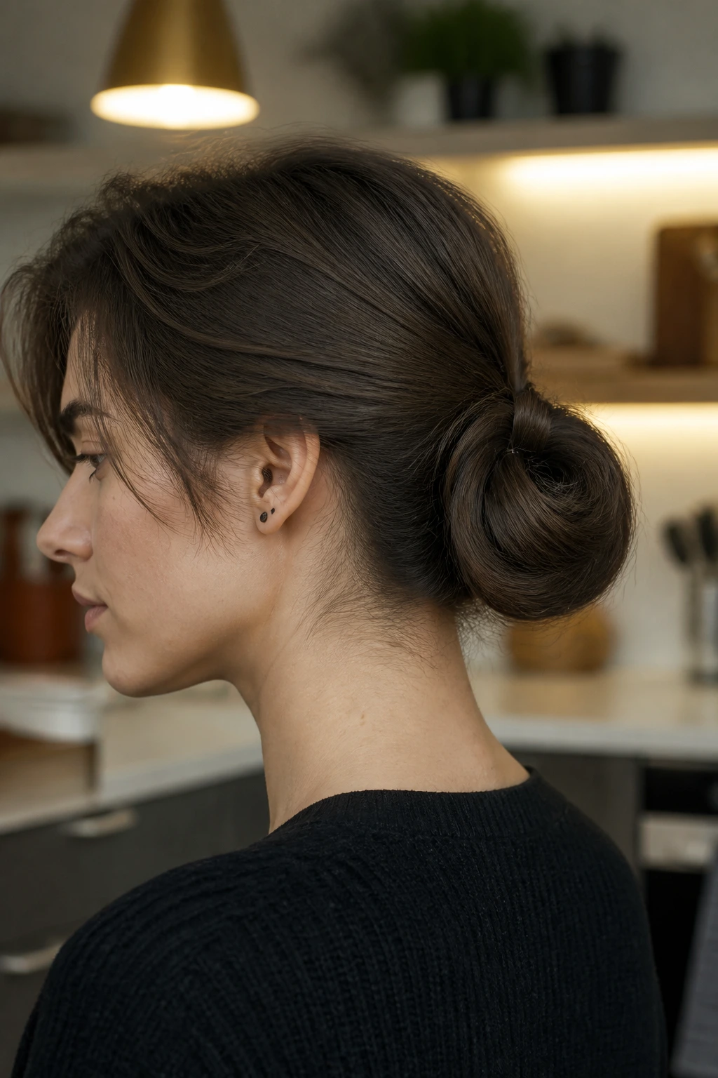 Close-up of a real person with a folded loop ponytail