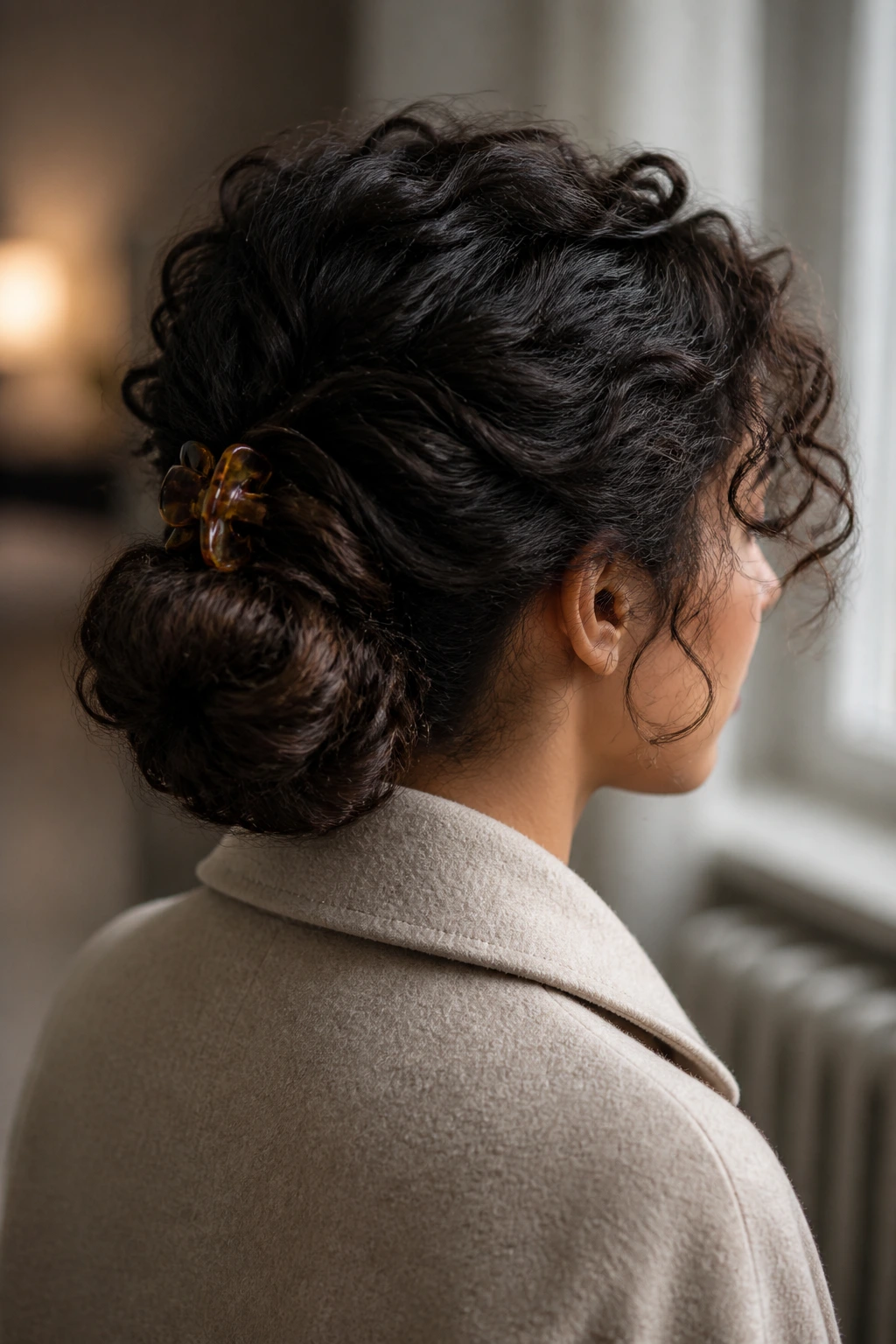 Close-up of a real woman with a folded low bun secured by a clip in a cozy winter-lit room