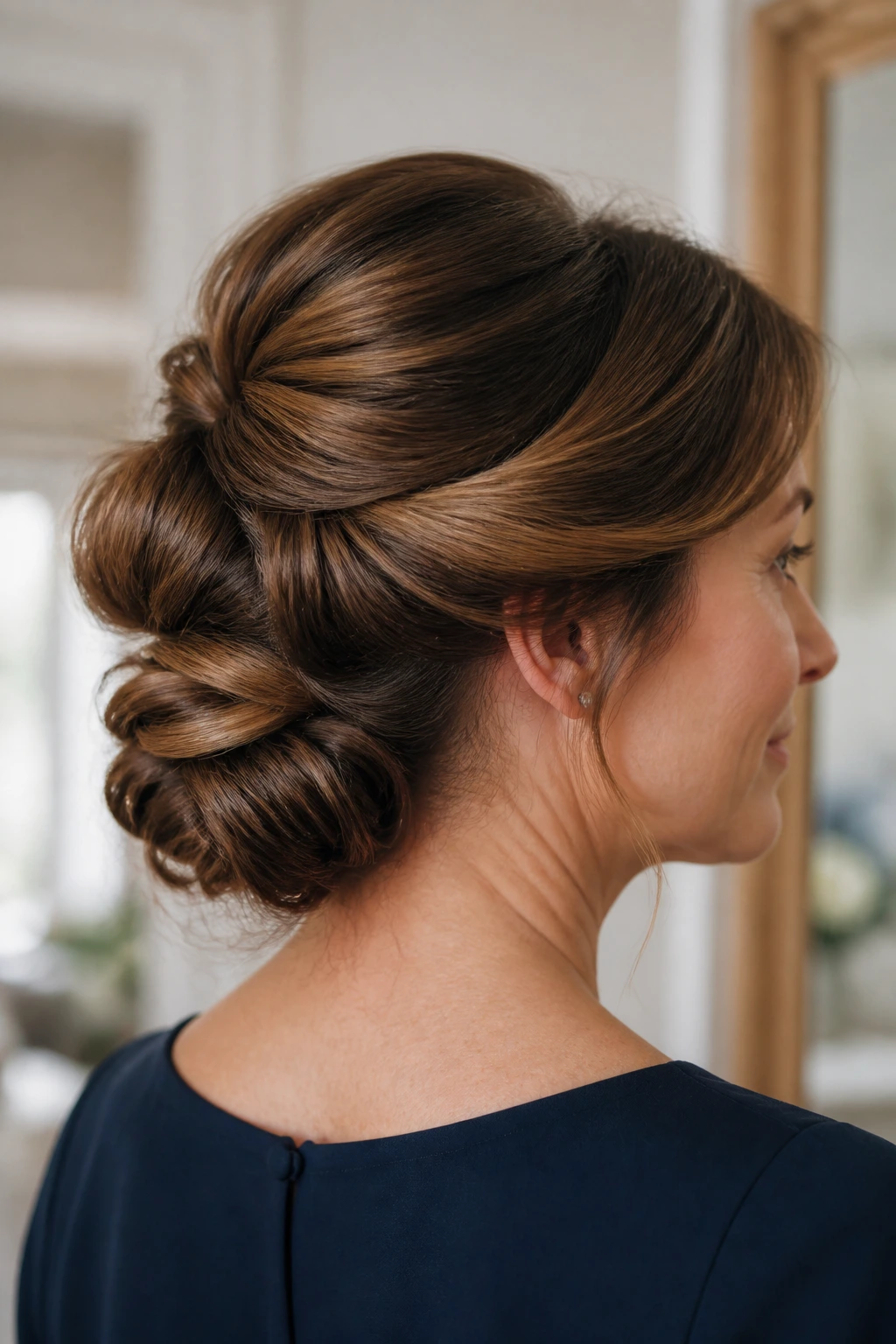 Close-up of a woman with folded and tucked hair shapes demonstrating hold