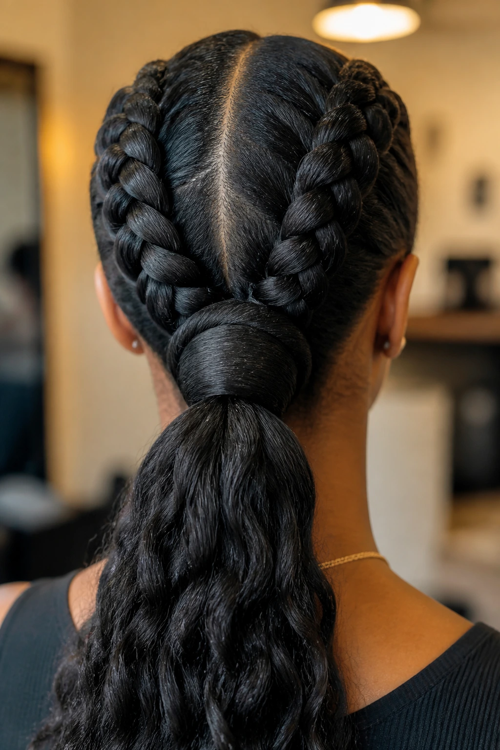 Back of head view showing folded-under ponytail base with Dutch braids on a real woman.