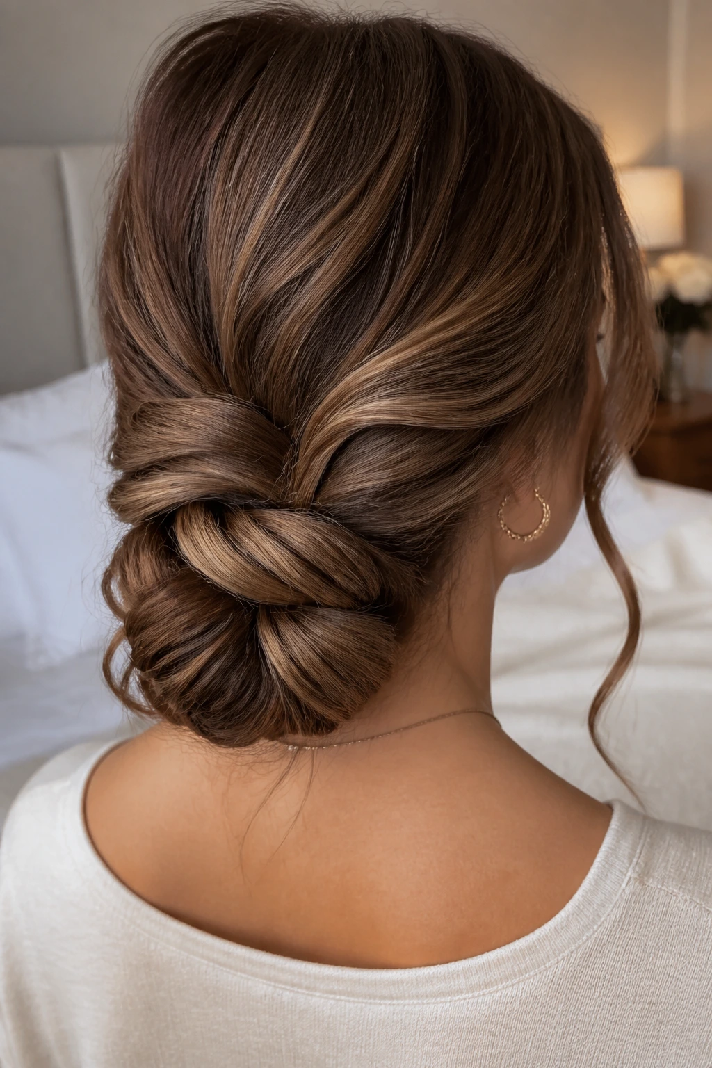 Back view of a woman with a folded wave knot at the nape