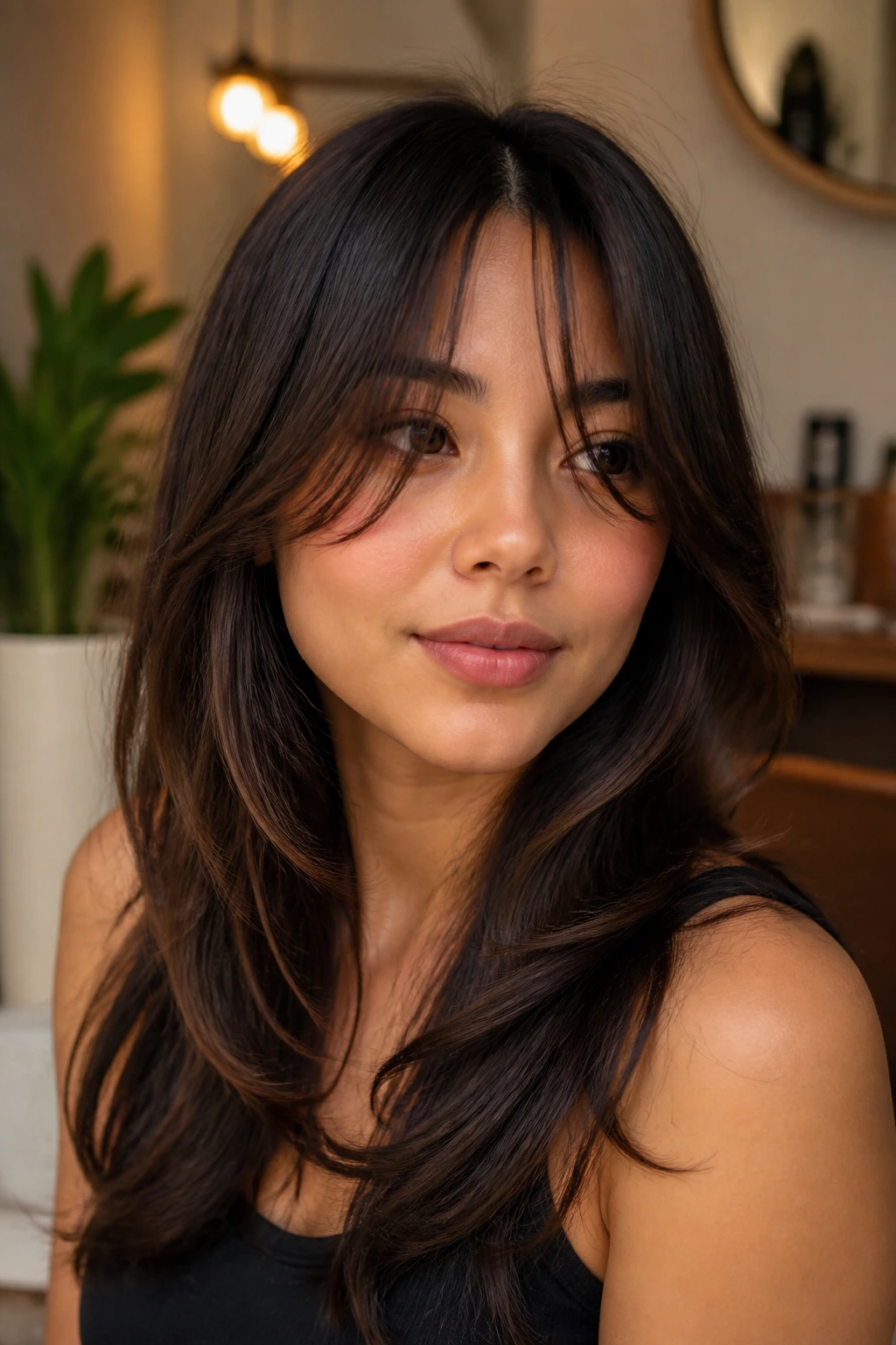 Portrait of a woman with a flexible hybrid fringe across the face