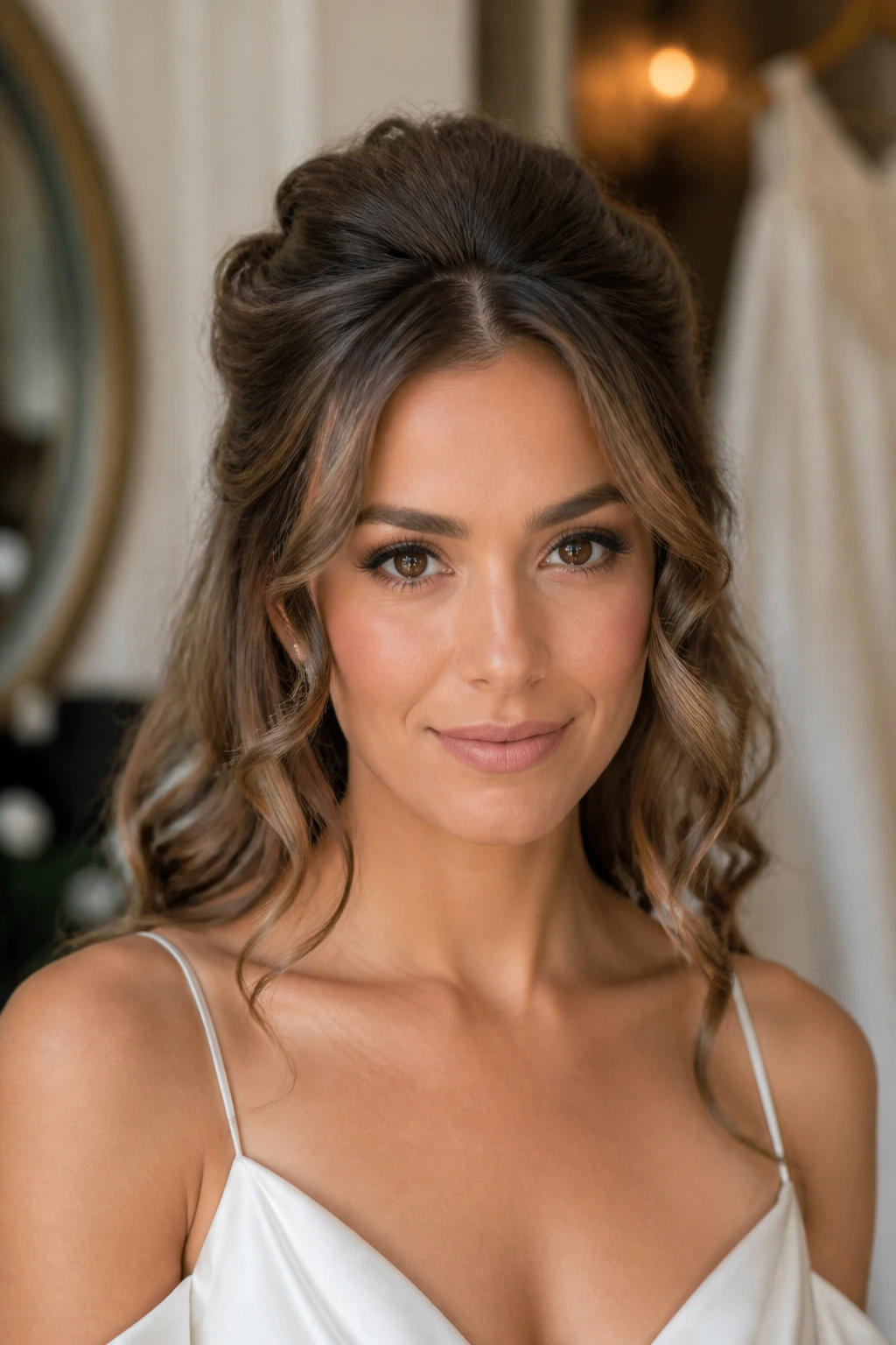 Close-up of a real woman with face-framing curls in a half-up style