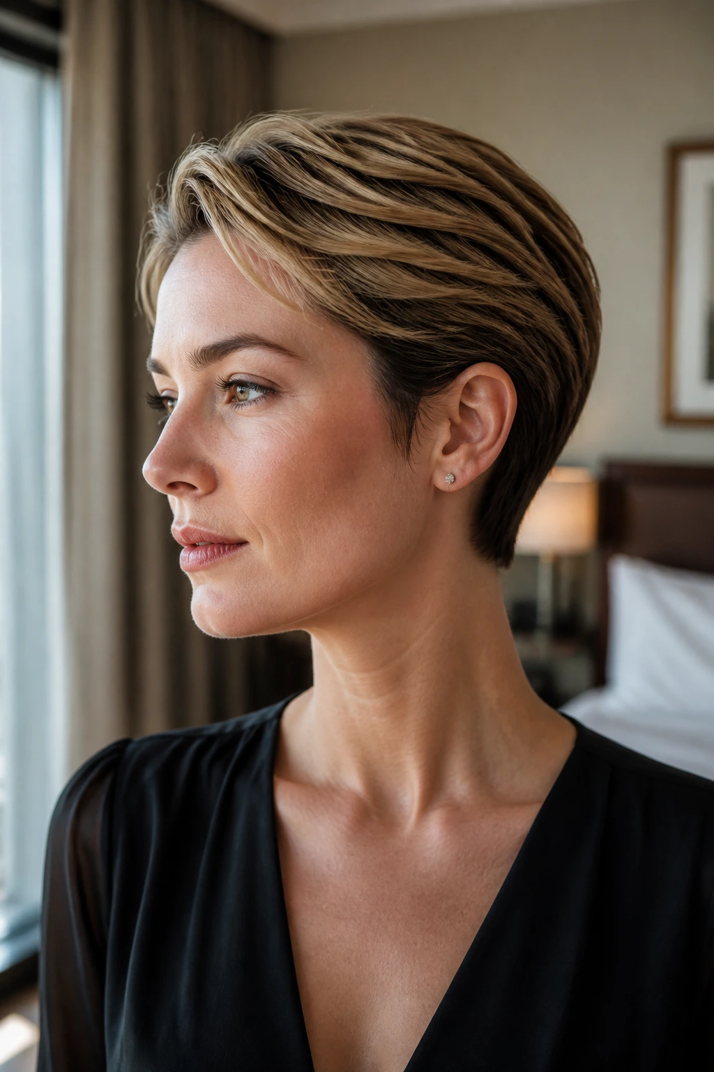 Close-up of short hair with sleek crown and tucked nape for formal look