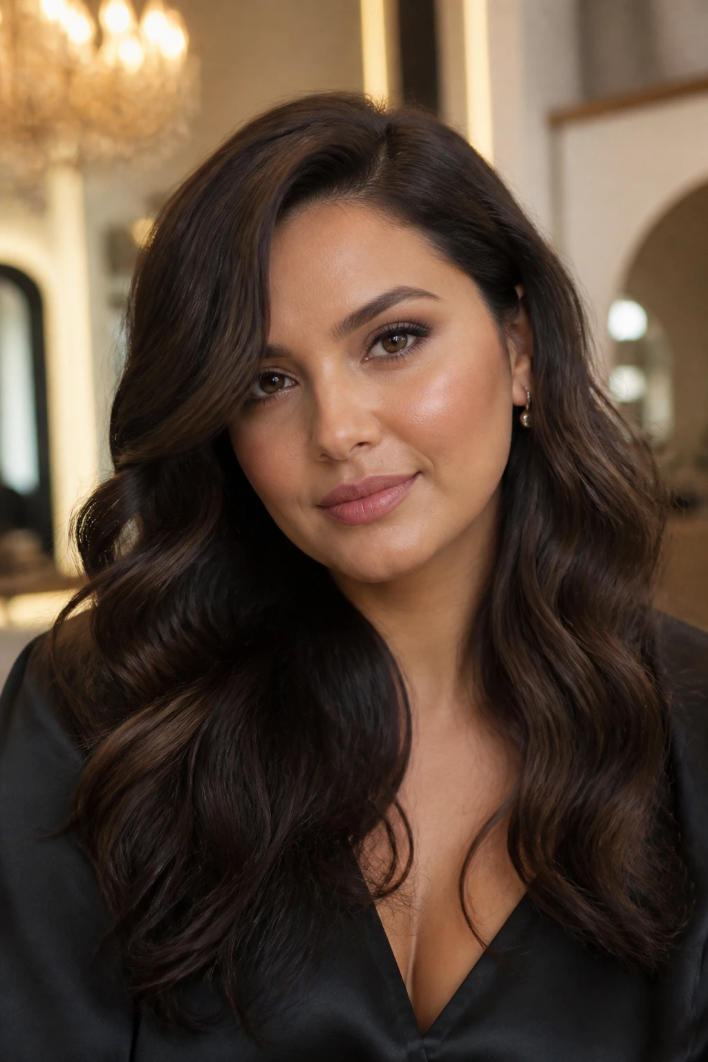 Close-up of a real woman with formal soft waves and a slightly off-center part