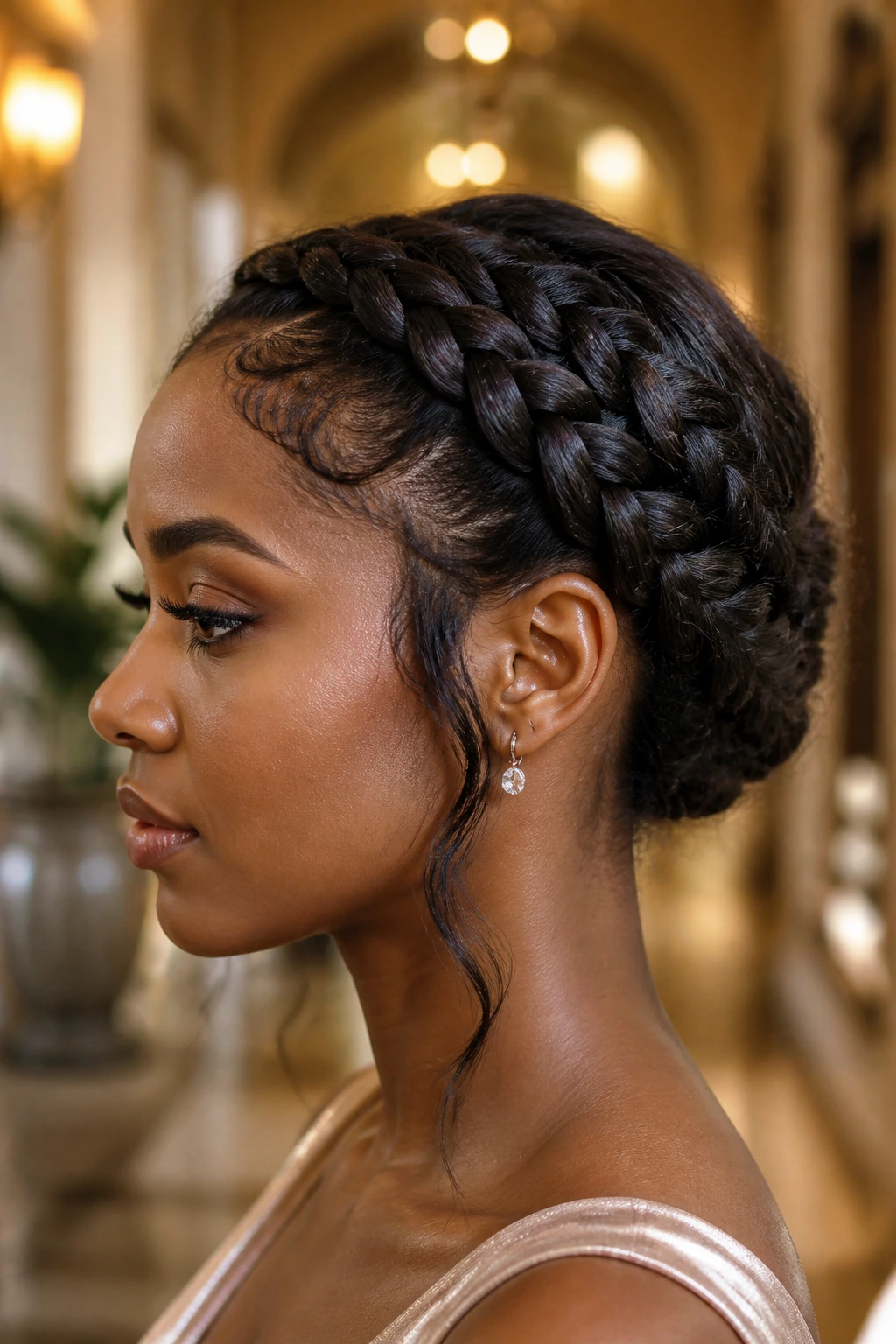 Close-up of a formal tucked crown hairstyle on a real person