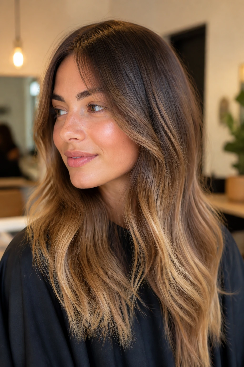 Portrait of a real person with honey brown hair gradient showing shade levels.
