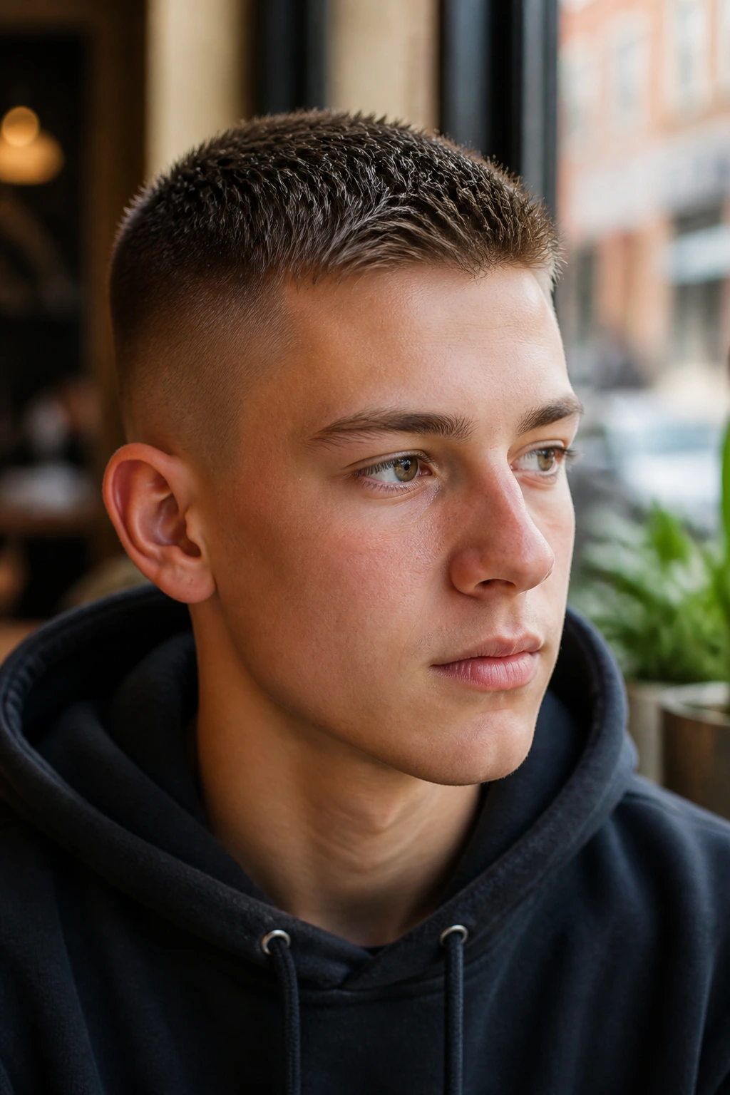 Teen boy close-up with forward-brushed buzz in cafe