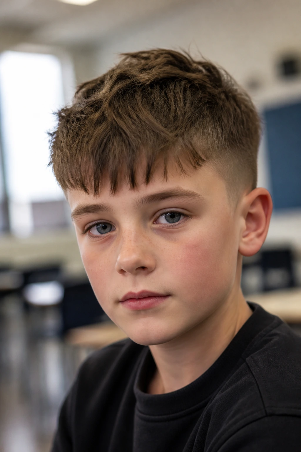 Boy with forward fringe crop hairstyle in a classroom.