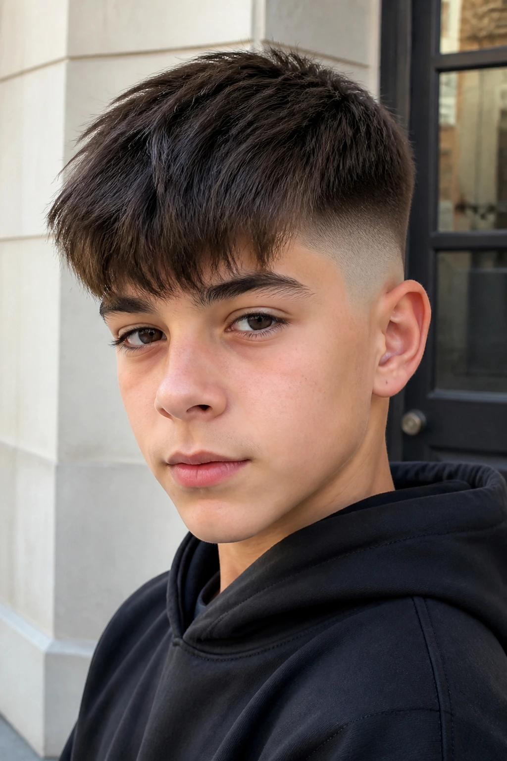 Close-up portrait of a boy with forward fringe and skin fade