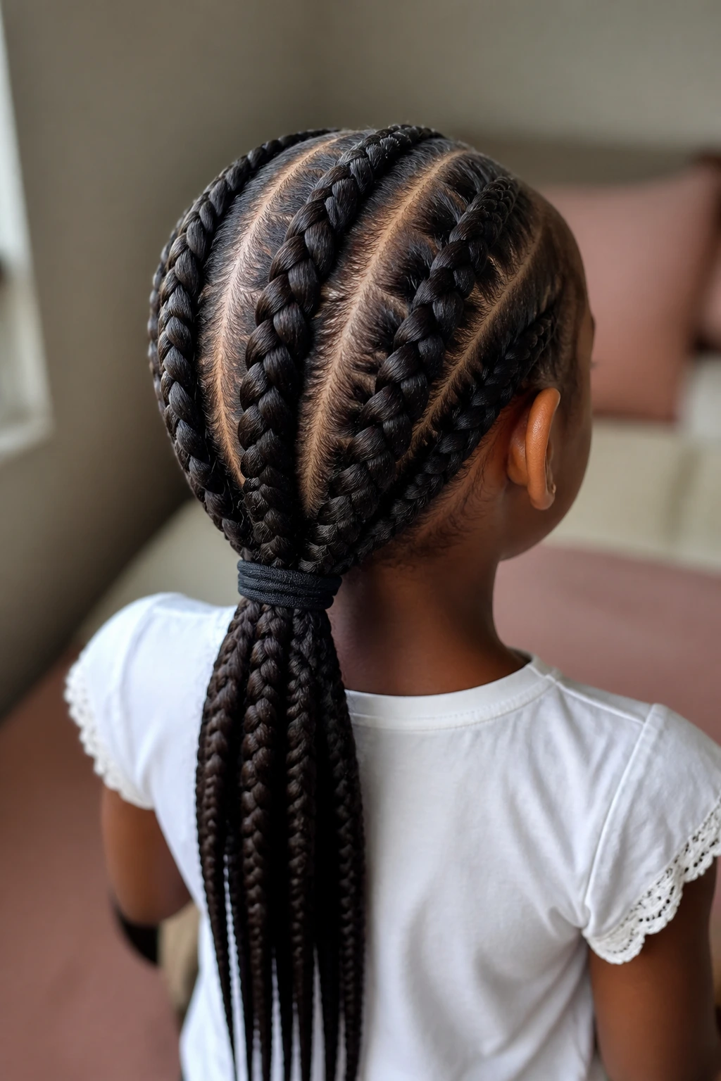 Back-of-head view of a girl with four big cornrows into a ponytail.