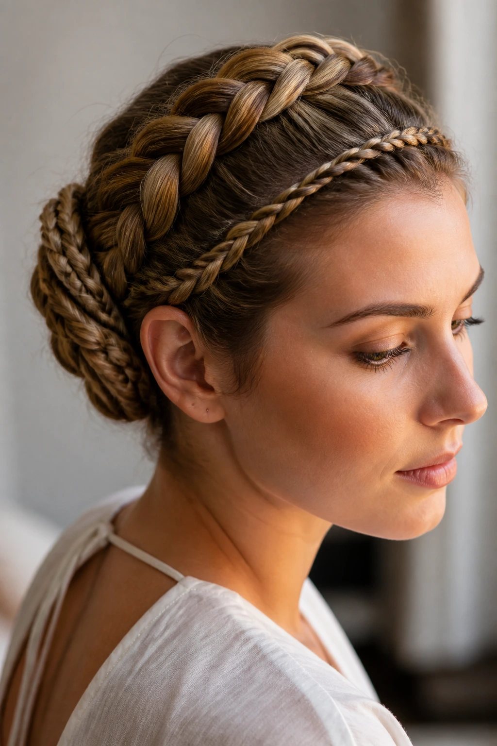 Close-up of real person's head showing four crown braid variations