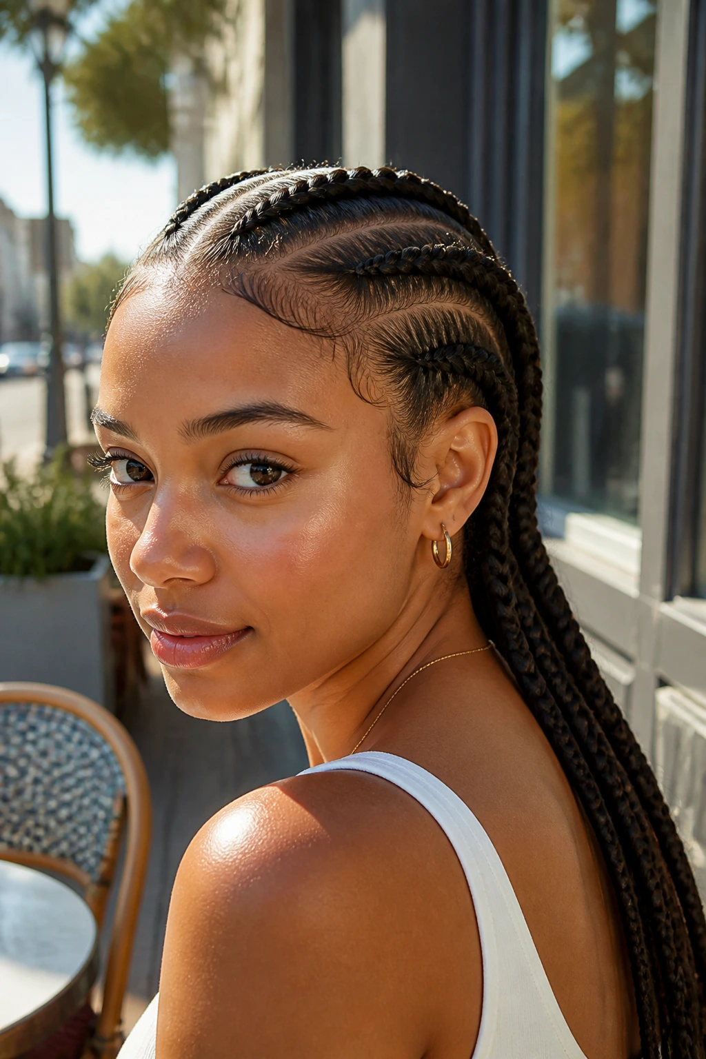 Real person with four long straight-back braids