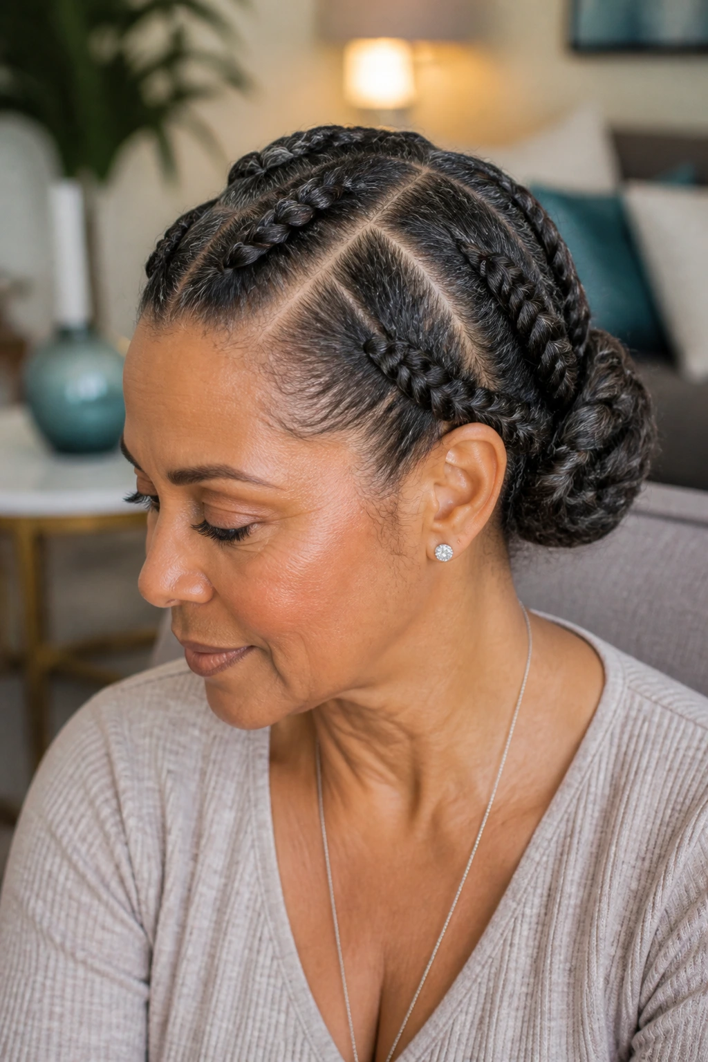 Close-up of a real woman with a four-section braided updo.