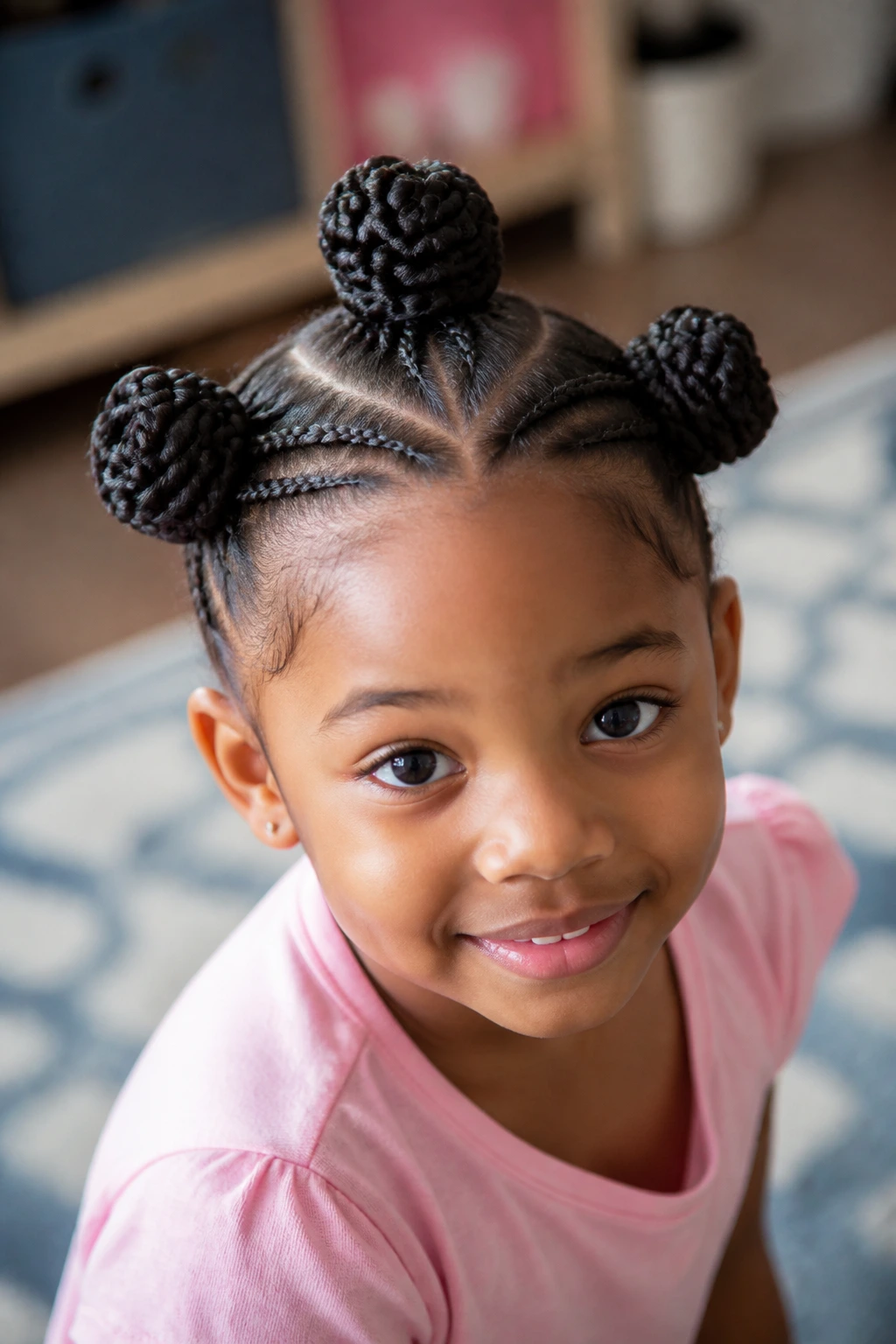 Close-up of a real child with four small buns in a cluster.