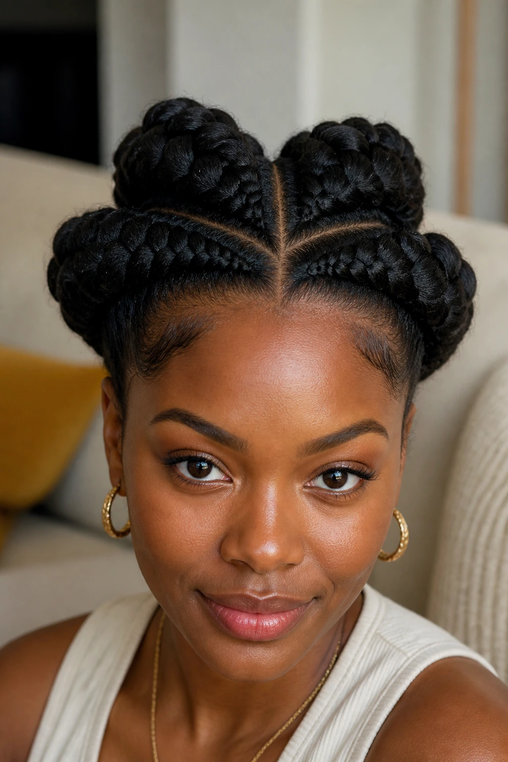 Real woman with four-section crown braids for dense hair