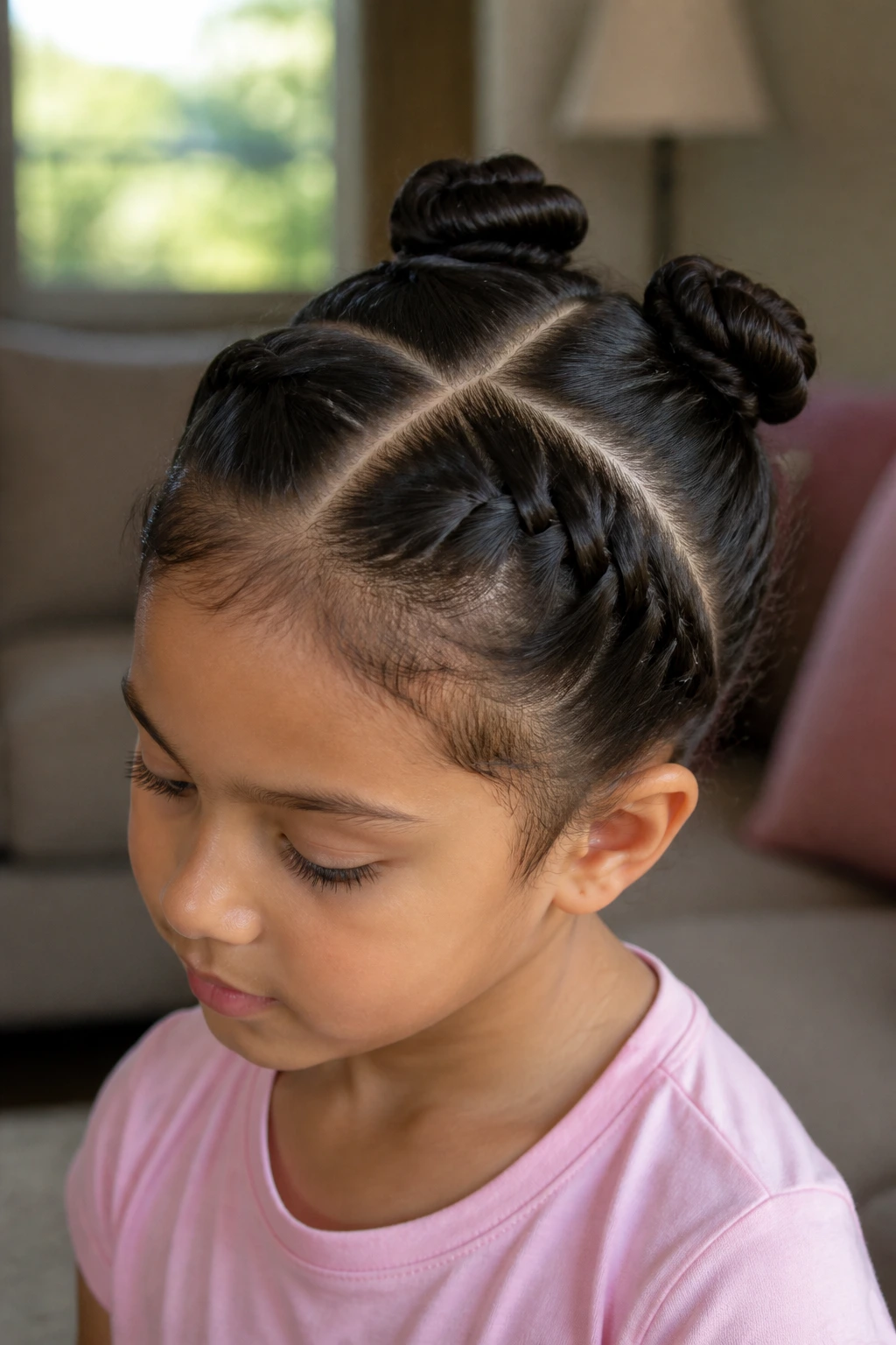 Close-up of a real girl with four mini twists forming a bun