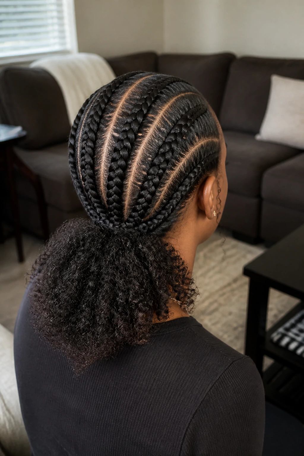 Back view of four slim cornrows converging into a low curly puff on a real person