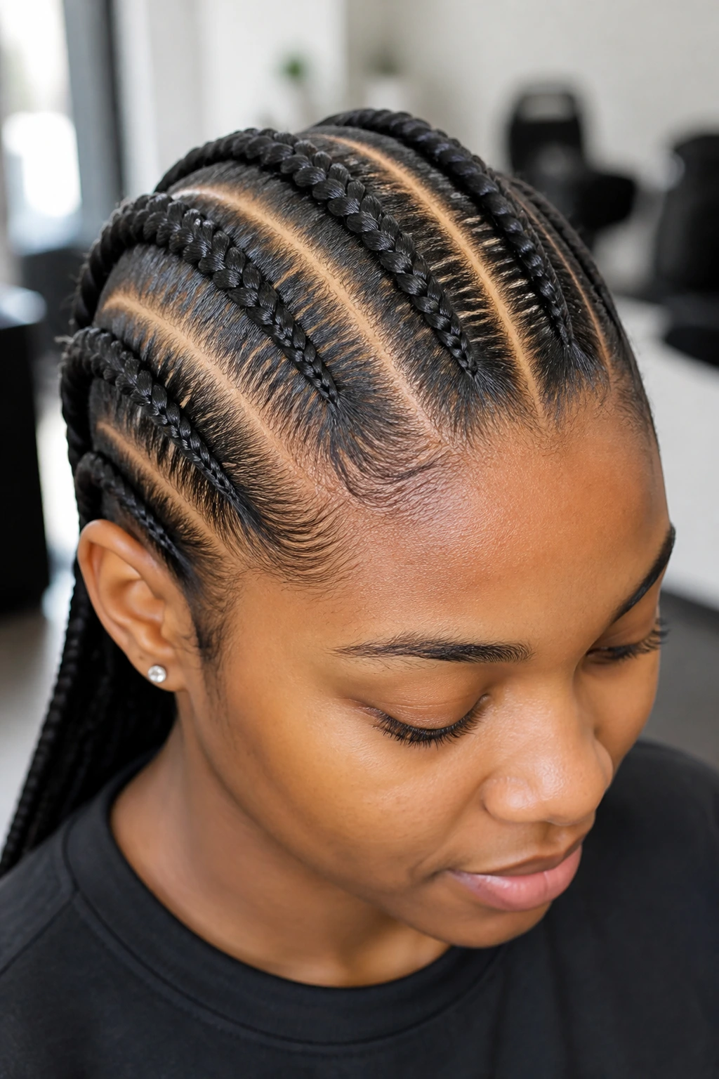 Close-up of a real person with four slim Dutch braids across the scalp in a bright salon.