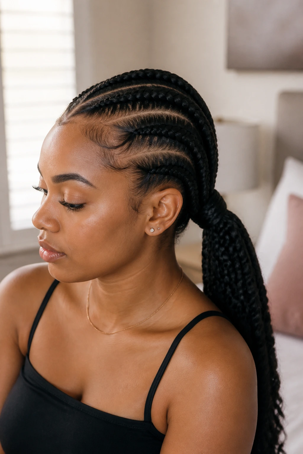 Close-up of four slim Dutch braids merging into a thick ponytail on a real woman in a softly lit bedroom