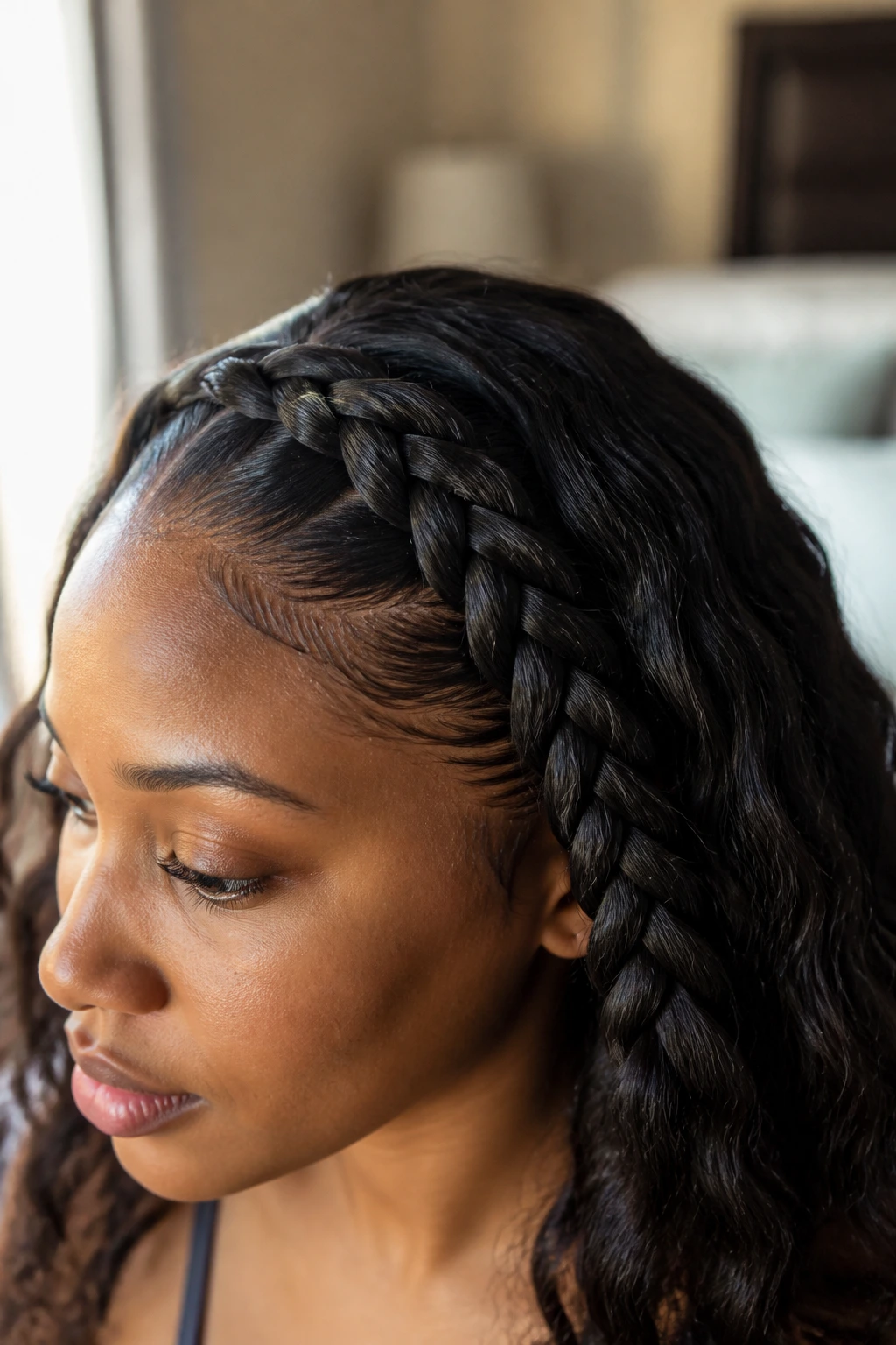 Close-up of a real woman's head with a four-strand braid in warm window light