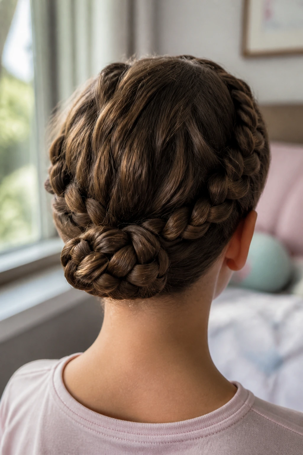 Back view close-up of a real child with a four-strand braid wrapping into a neat nape bun