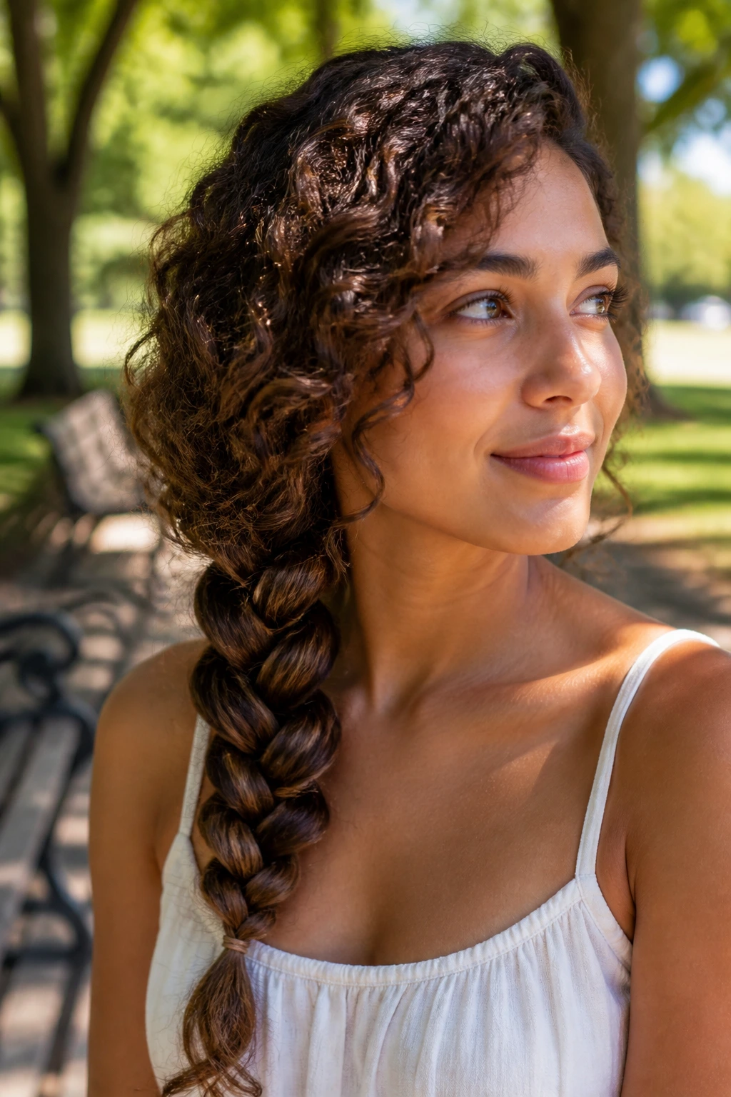 Close-up portrait of a real woman with a four-strand side braid over the shoulder.
