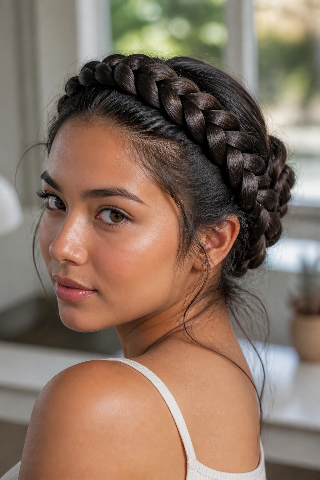 Close-up portrait of a real woman with a four-strand shine braid around the crown