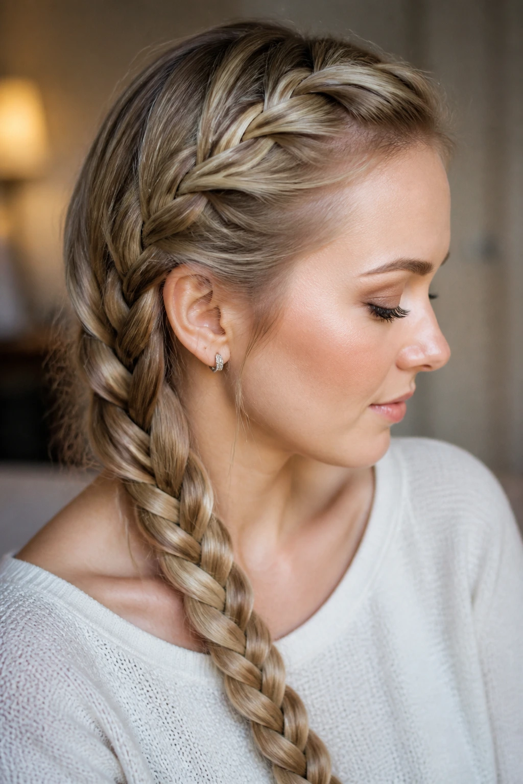 Side profile of a real woman with a four-strand side braid