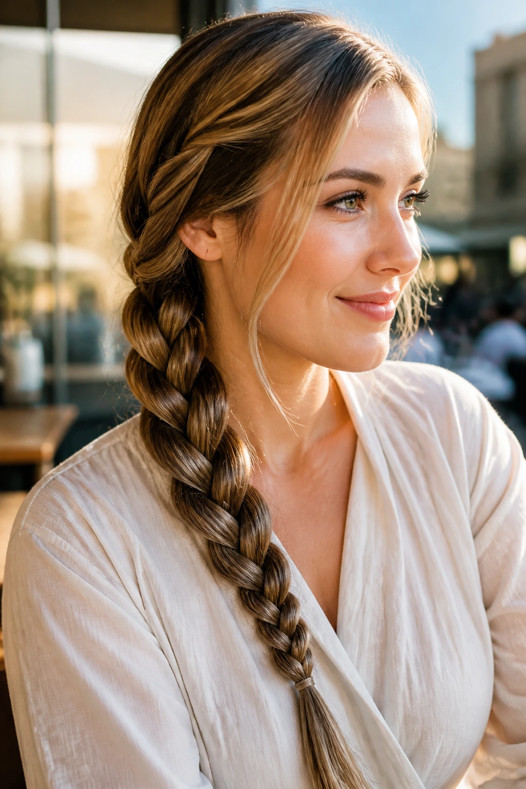 Close-up of a real woman with a four-strand side braid over the shoulder in daylight