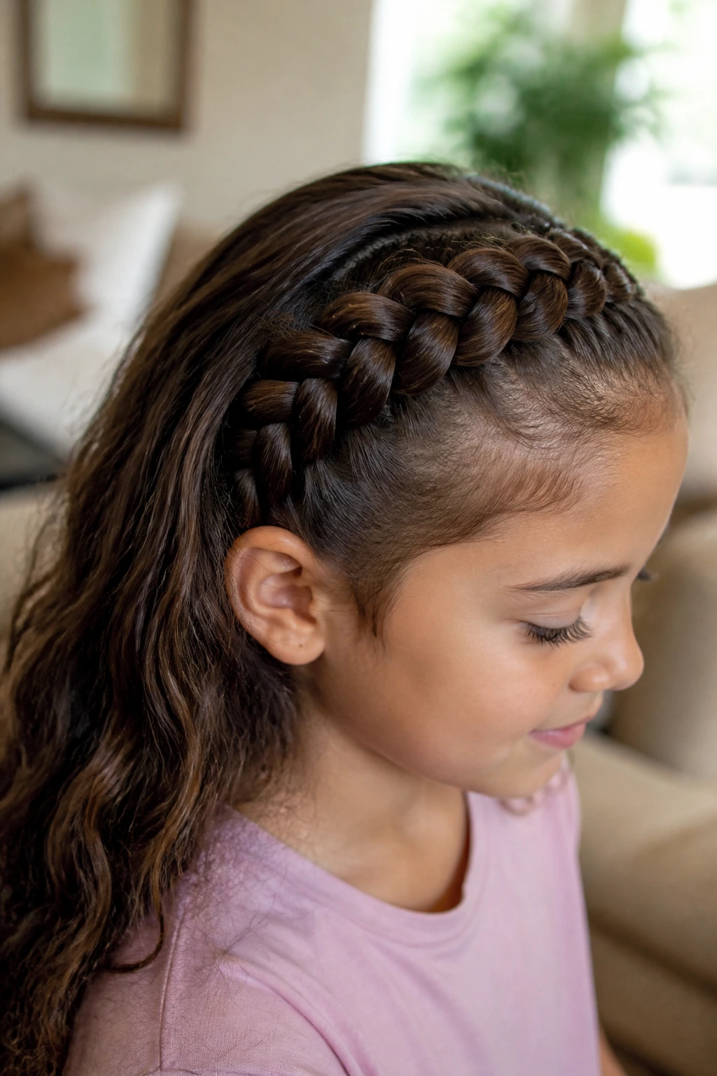 Child with a four-strand braid along the scalp in a close-up portrait