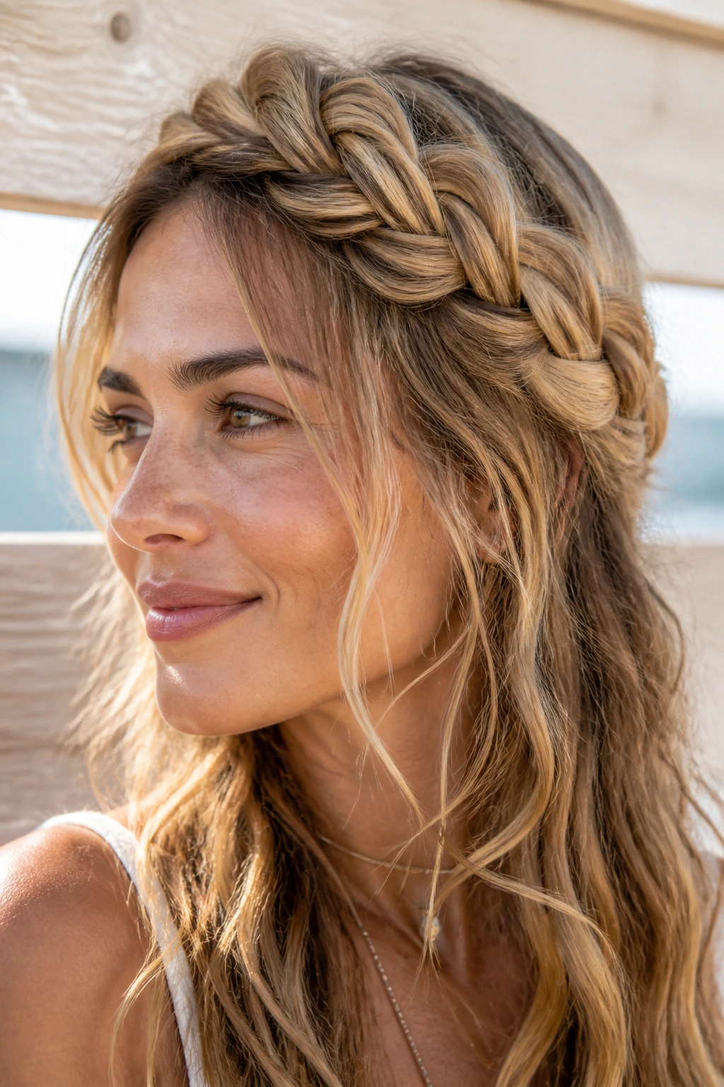 Close-up of a real woman with a four-strand crown braid and messy texture