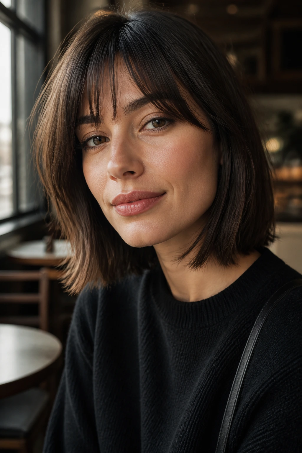 Close-up portrait of a real woman with a grown-out French bob at the collarbone