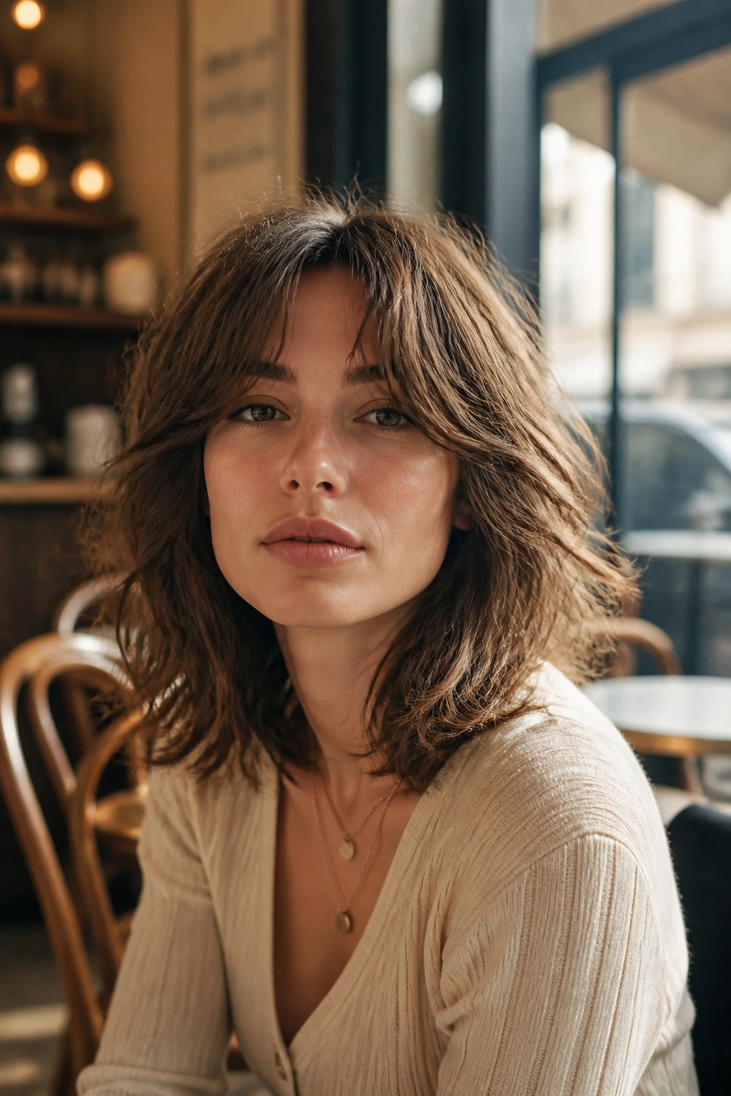 Close-up portrait of a real person with mid-length airy layered shag and center-part bangs in cafe light