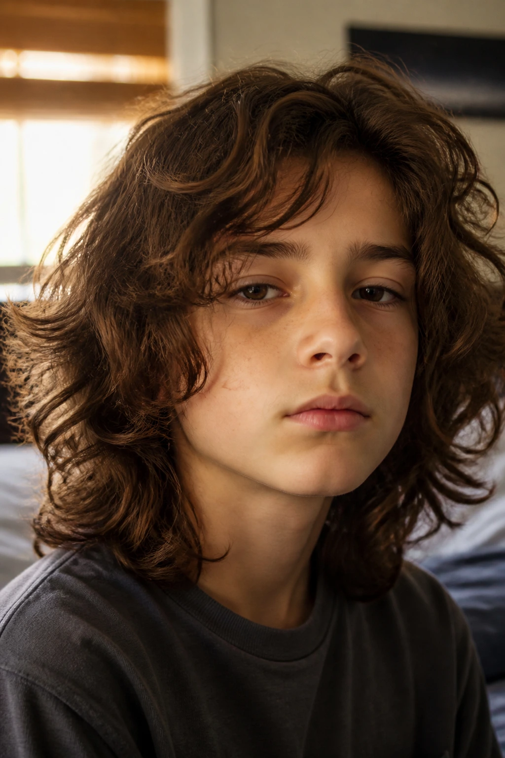 Close-up of a preteen boy with long natural wavy hair in a sunlit bedroom