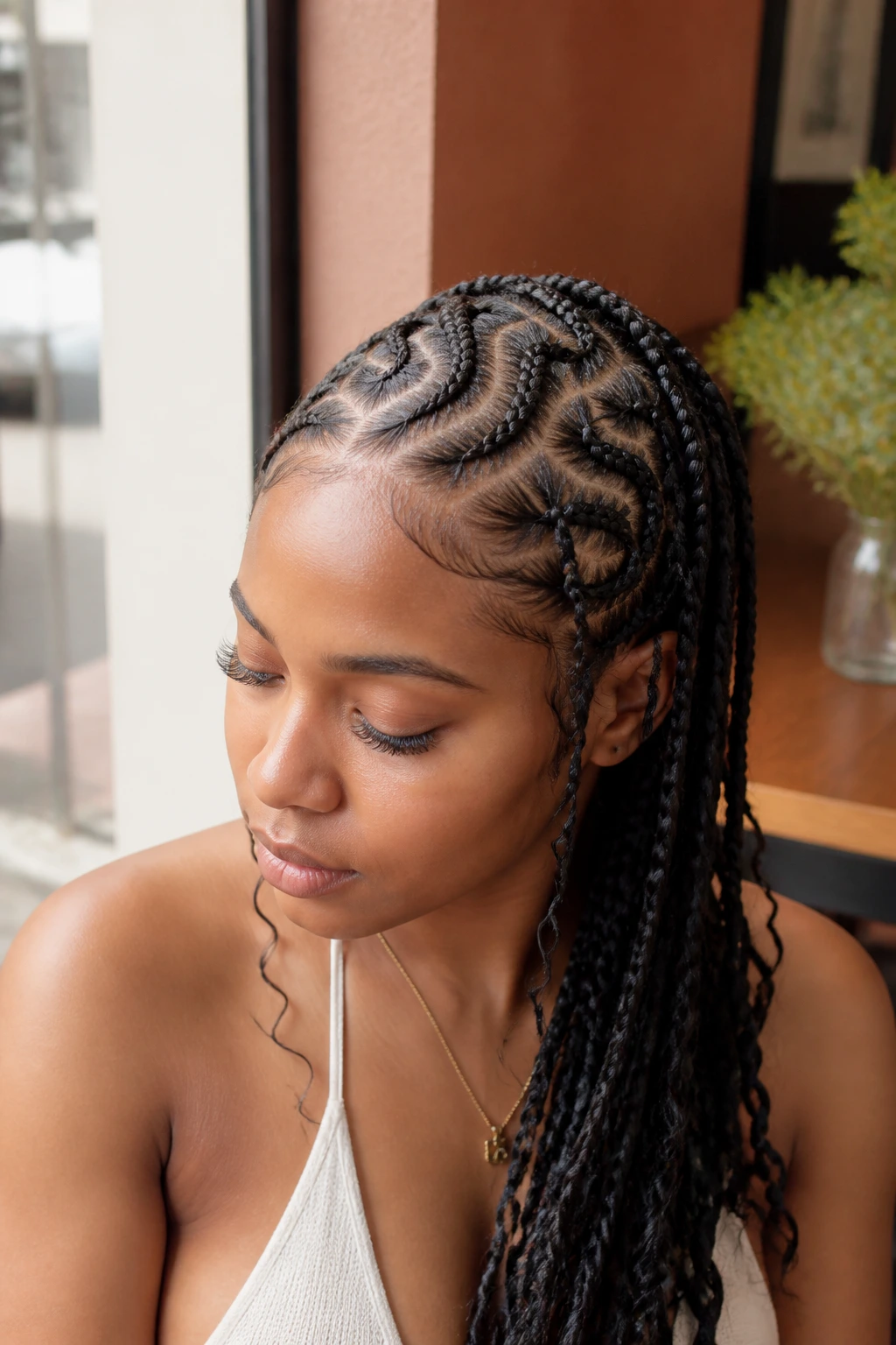 Close-up portrait of a real person with creative irregular braids across the scalp