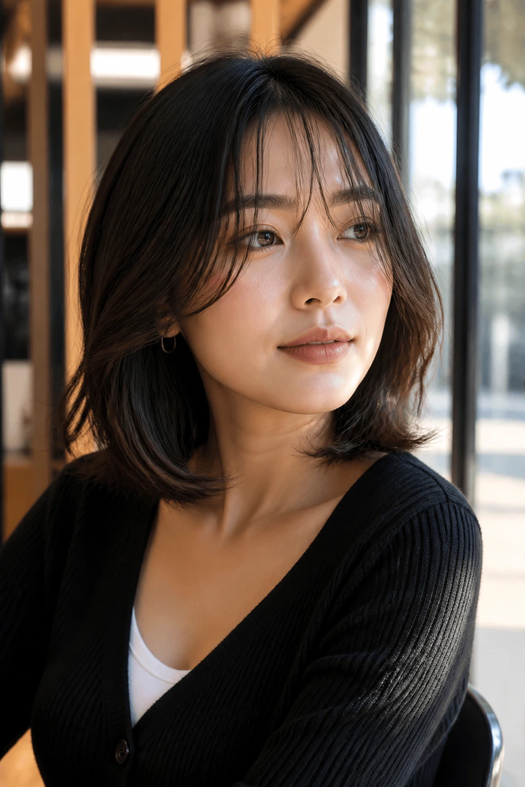 Close-up of a real woman with a french-asian hybrid bob and curtain bangs in sunlit cafe
