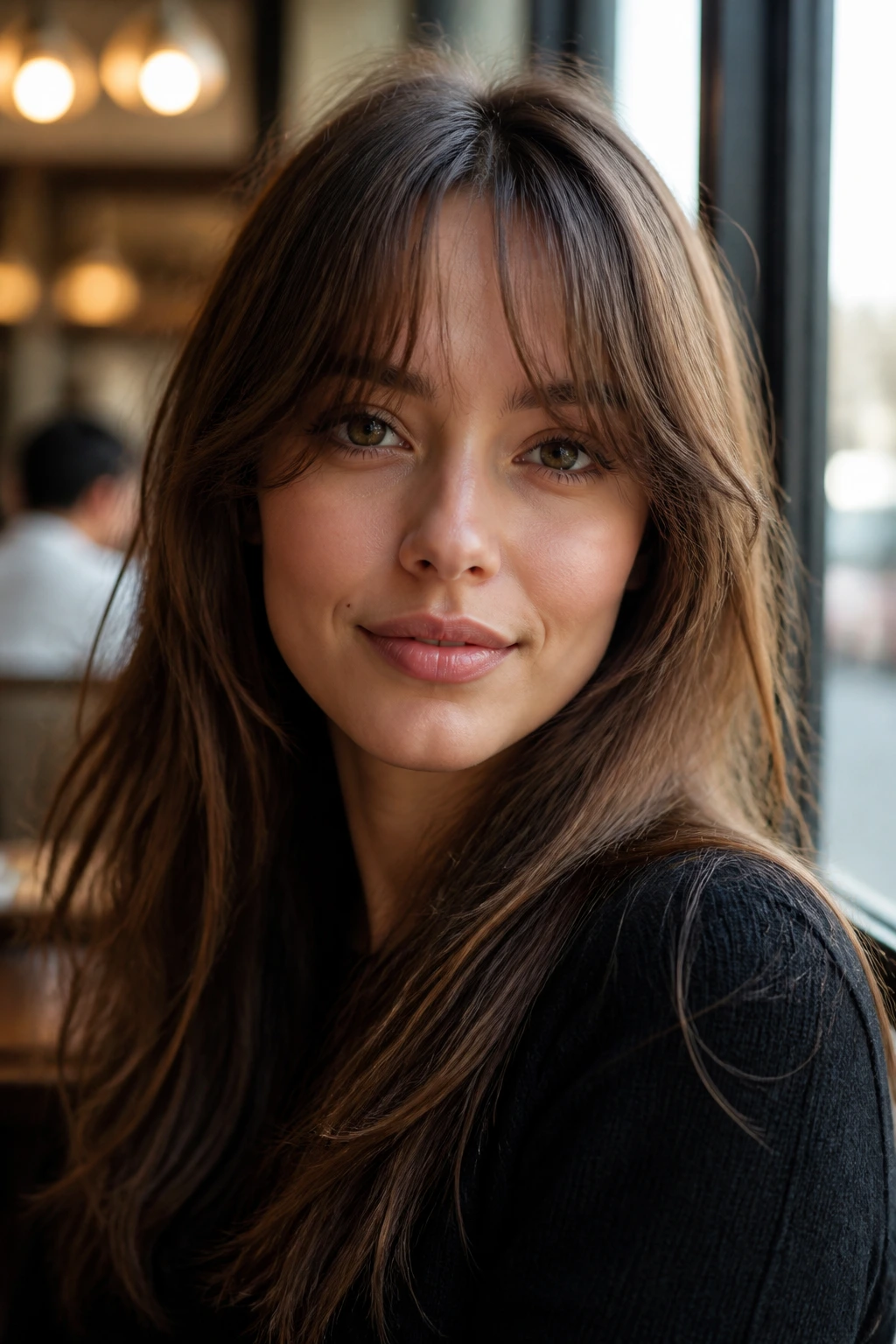 Real woman with French-inspired piecey bangs in sunlit setting