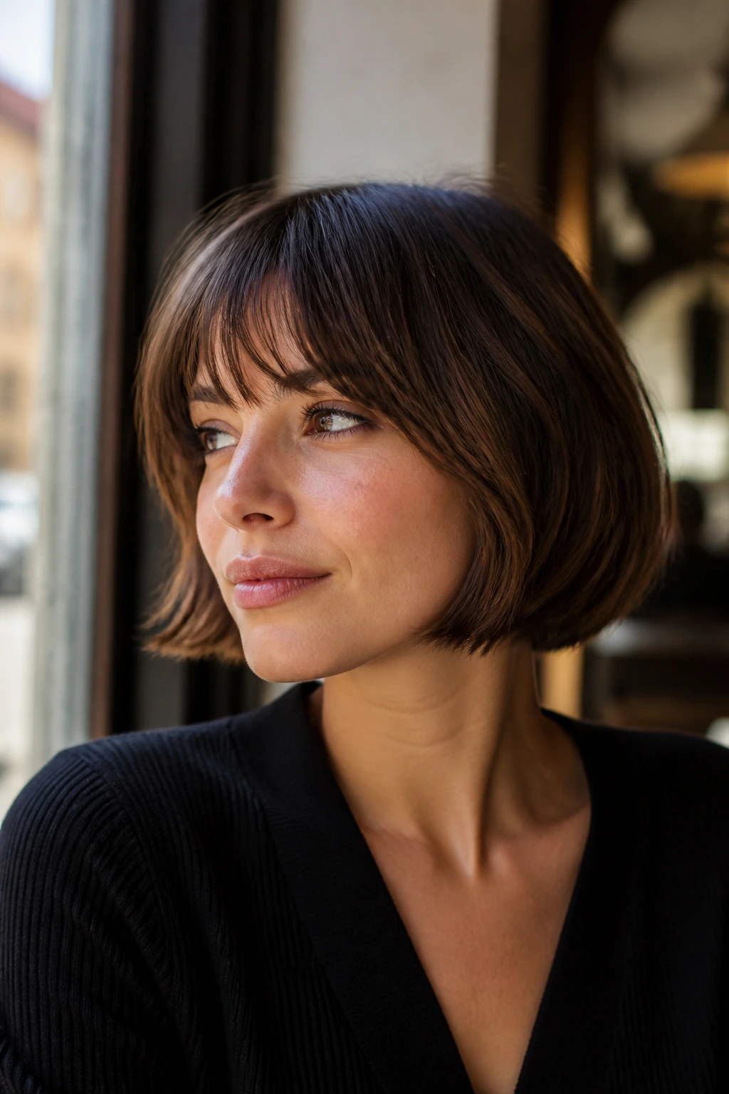 Close-up portrait of a real woman with a French bob and airy bangs