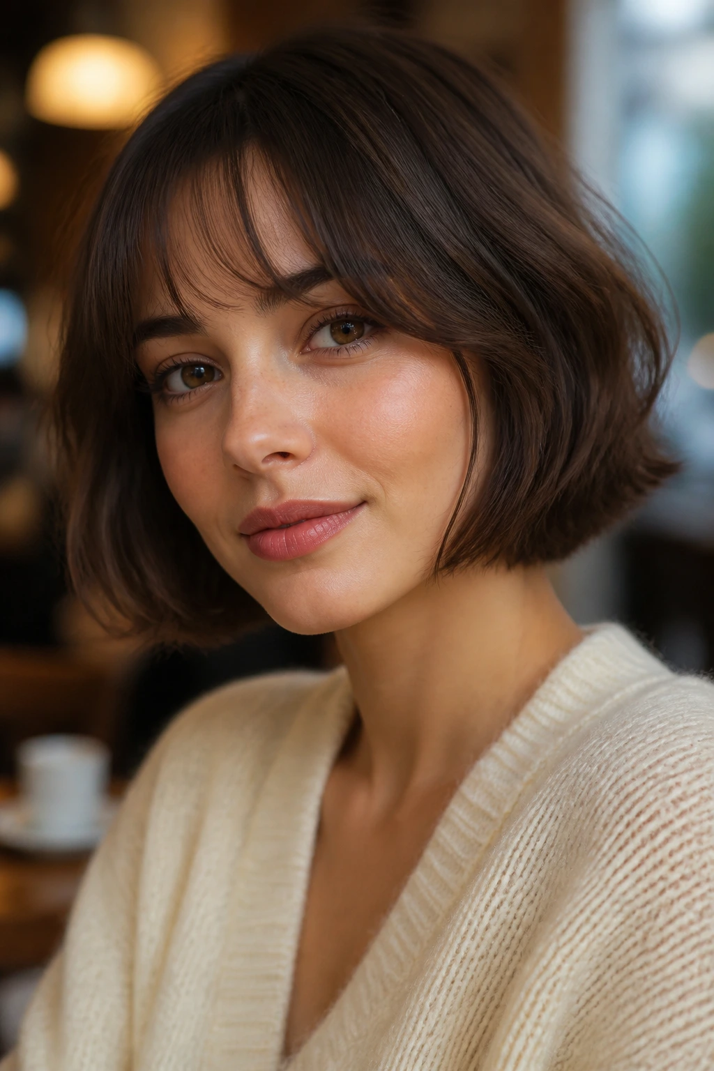 Close-up portrait of a real woman with a French bob and airy bangs