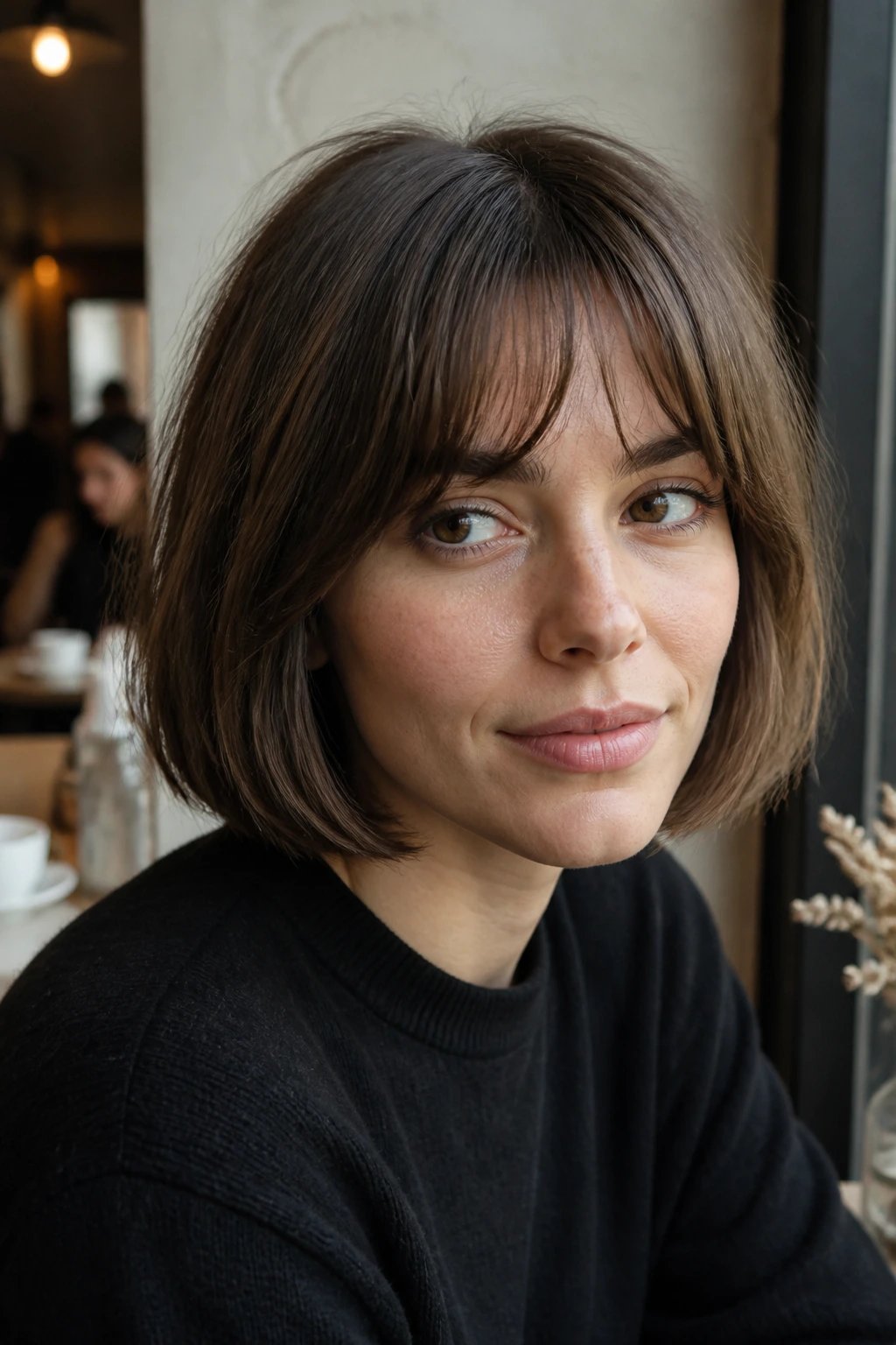 Portrait of a real woman with airy bangs in a French boyfriend bob