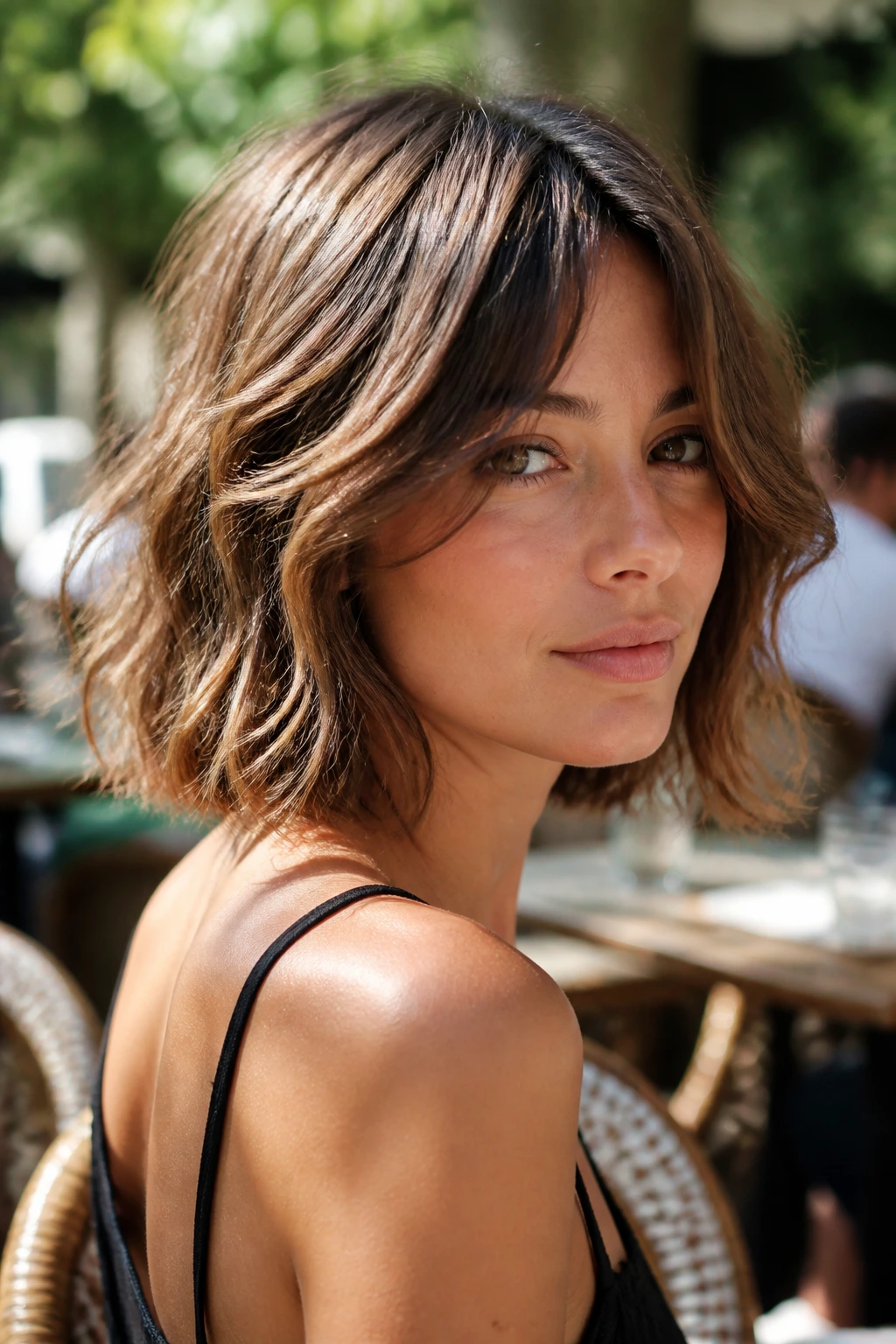 Close-up portrait of a woman with a French girl bob and airy bends in soft daylight.