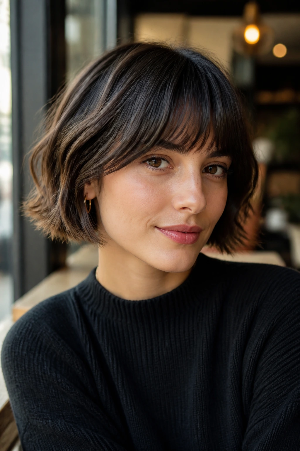 Close-up of a real woman with a French bob and airy ends