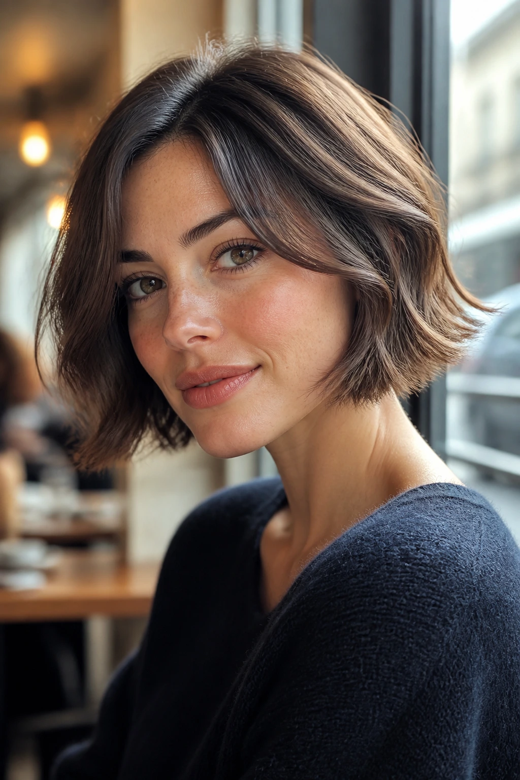 Portrait of person with French bob with airy broken ends