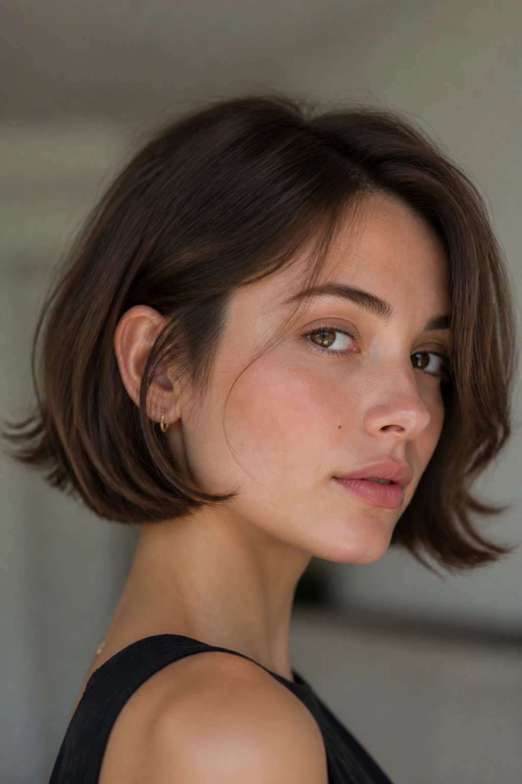 Portrait of a girl with jaw-length French bob and airy ends.