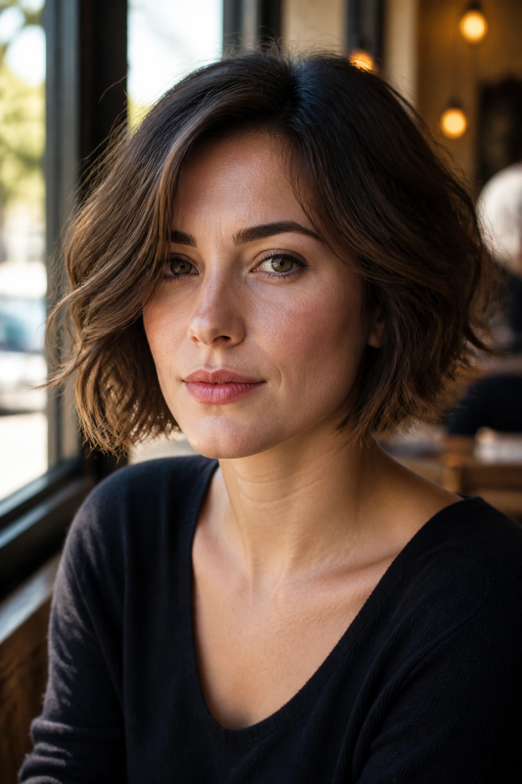Real woman with jaw-skimming French bob and airy ends in warm cafe window light