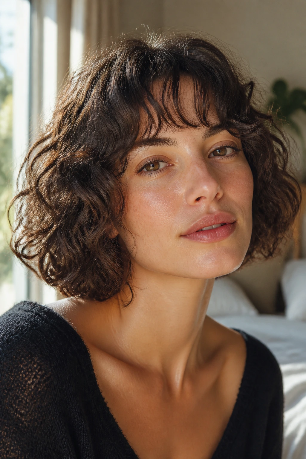 Close-up of a woman with cheekbone-length French bob and airy fringe
