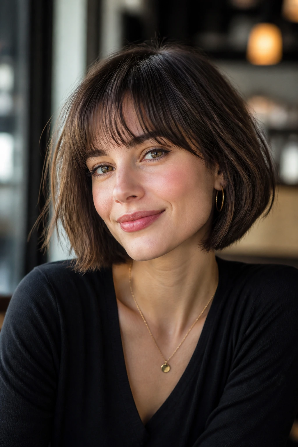 Real woman with French bob and airy fringe in cafe lighting.